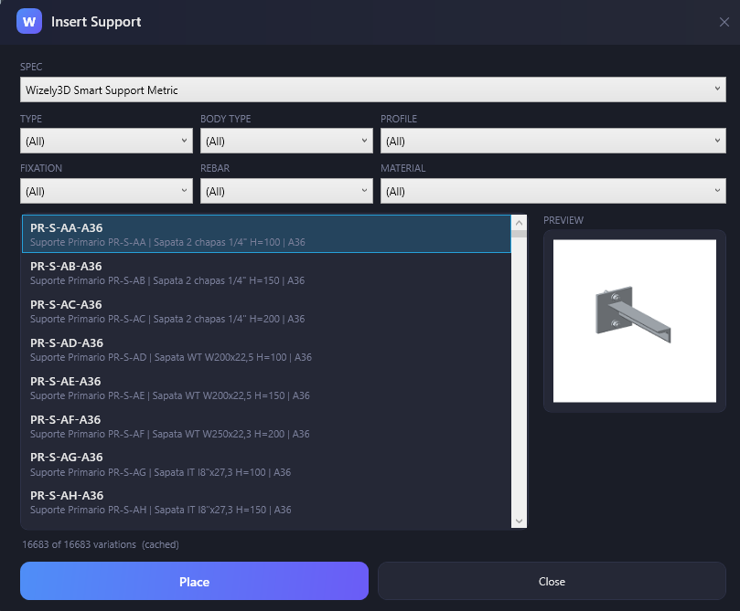 Janela Insert Support do Wizely3D com a lista de suportes primarios, filtros por tipo, corpo, perfil, fixacao e material, e painel de pre-visualizacao 3D da peca selecionada.