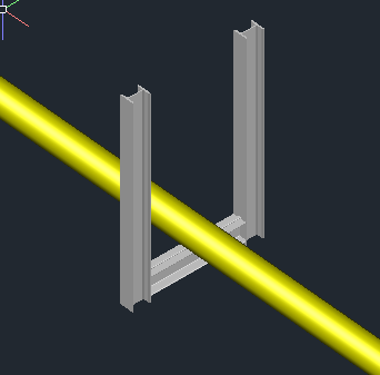 Vista 3D no AutoCAD de um suporte de dois montantes em perfil I com o tubo apoiado sobre a viga.
