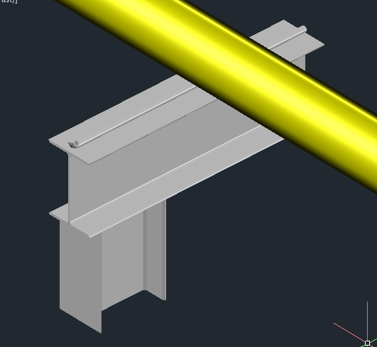 Detalhe em 3D do suporte gerado, com o perfil, a chapa superior e o tubo apoiado.