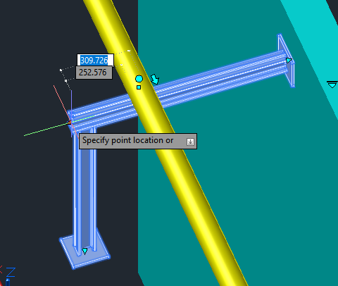 Suporte selecionado no AutoCAD exibindo grips e cotas editaveis durante o ajuste da geometria.