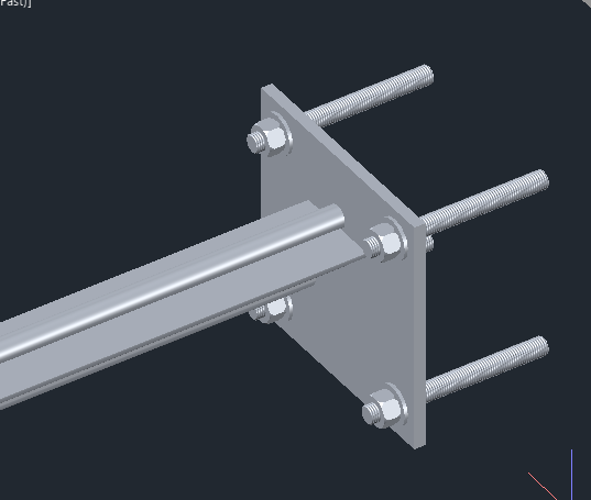 Detalhe em 3D da fixacao em parede: chapa de ponta atravessada por chumbadores com porcas.